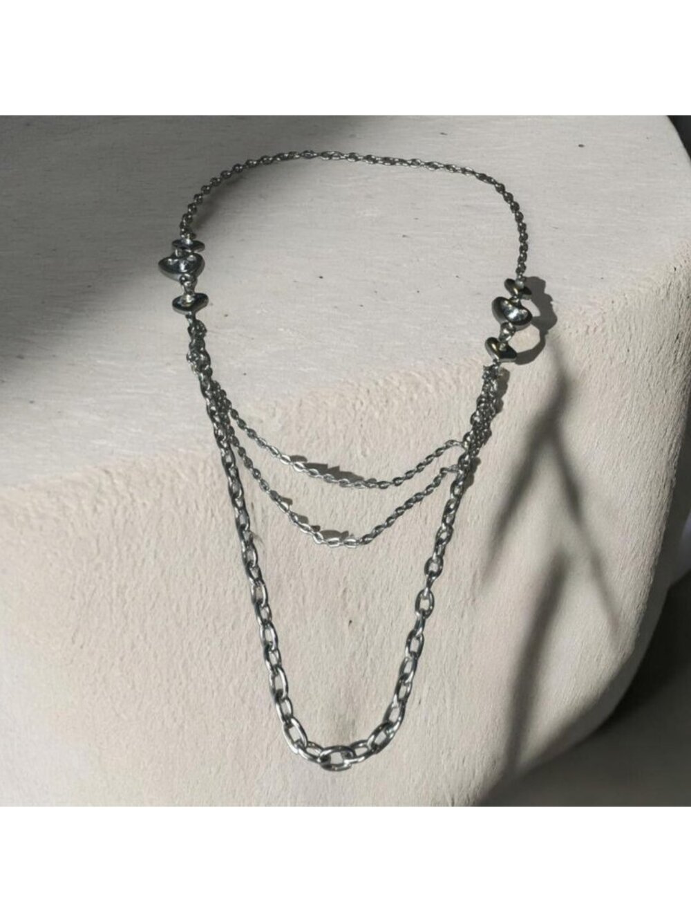 Silver Tone Multi-Layer Heart Pendant Necklace with Rhinestones